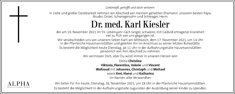  Traueranzeige für Karl Kiesler vom 16.11.2021 aus Kleine Zeitung