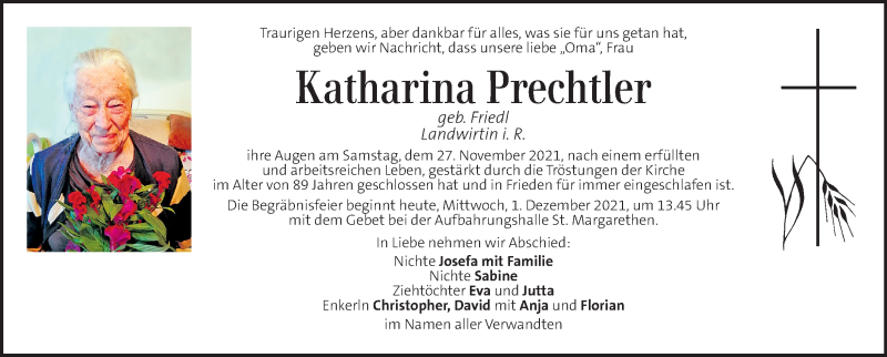  Traueranzeige für Katharina Prechtler vom 01.12.2021 aus Kleine Zeitung