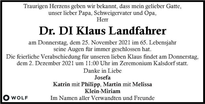  Traueranzeige für Klaus Landfahrer vom 28.11.2021 aus Kleine Zeitung