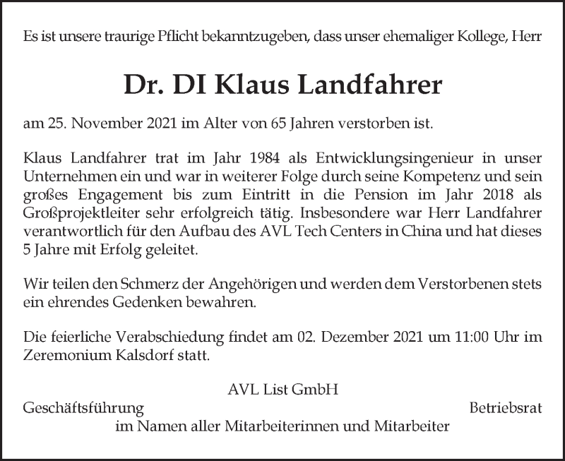  Traueranzeige für Klaus Landfahrer vom 01.12.2021 aus Kleine Zeitung