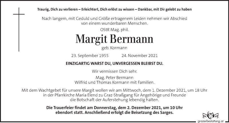  Traueranzeige für Margit Bermann vom 28.11.2021 aus Kleine Zeitung