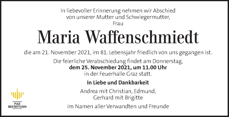  Traueranzeige für Maria Waffenschmiedt vom 24.11.2021 aus Kleine Zeitung