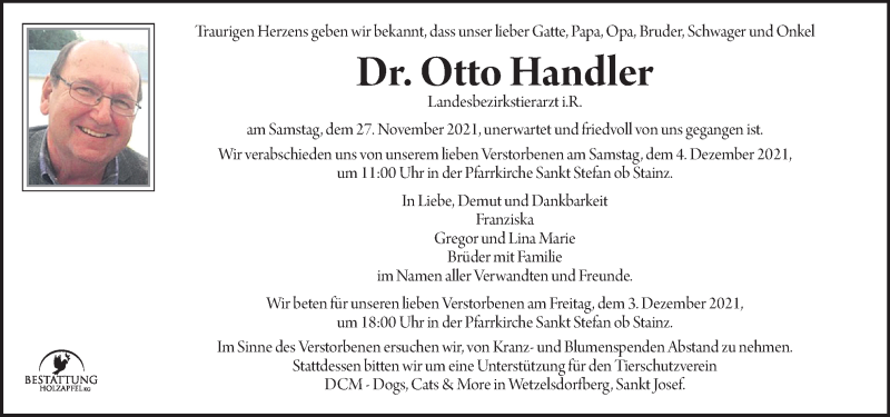  Traueranzeige für Otto Handler vom 01.12.2021 aus Kleine Zeitung