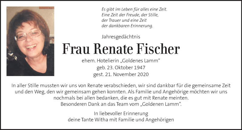 Traueranzeige für Renate Fischer vom 21.11.2021 aus Kleine Zeitung