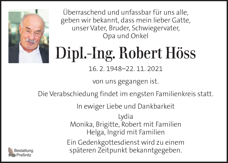  Traueranzeige für Robert Höss vom 26.11.2021 aus Kleine Zeitung