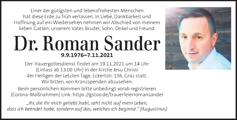  Traueranzeige für Roman Sander vom 14.11.2021 aus Kleine Zeitung