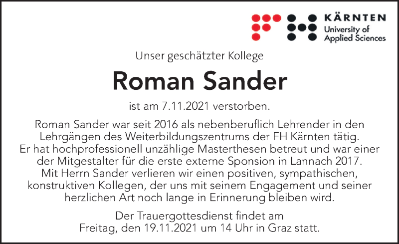  Traueranzeige für Roman Sander vom 14.11.2021 aus Kleine Zeitung