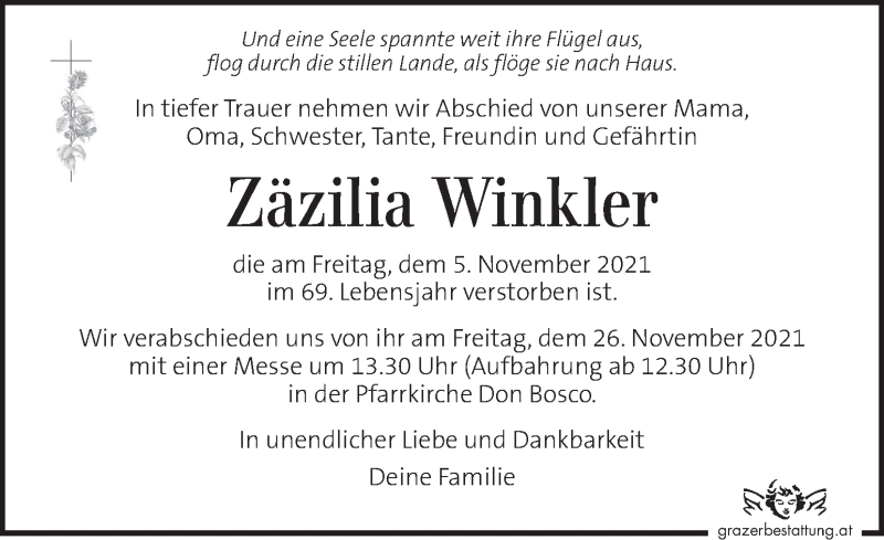  Traueranzeige für Zäzilia Winkler vom 20.11.2021 aus Kleine Zeitung