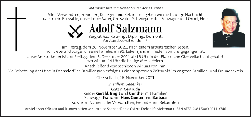  Traueranzeige für Adolf Salzmann vom 02.12.2021 aus Kleine Zeitung