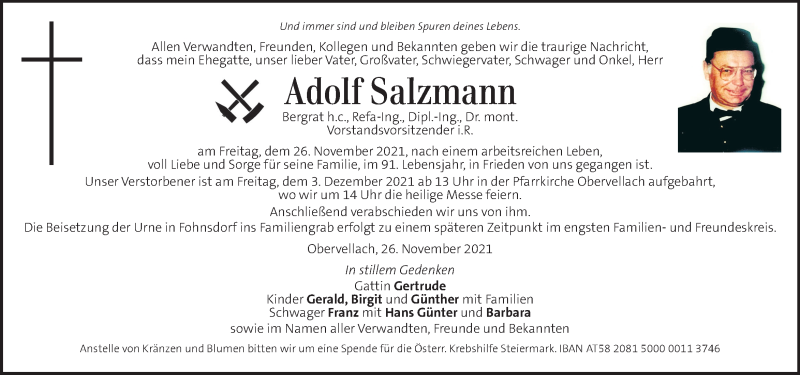  Traueranzeige für Adolf Salzmann vom 02.12.2021 aus Kleine Zeitung