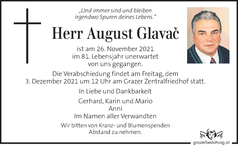  Traueranzeige für August Glavac vom 03.12.2021 aus Kleine Zeitung