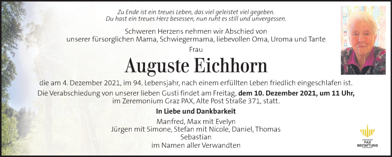  Traueranzeige für Auguste Eichhorn vom 07.12.2021 aus Kleine Zeitung