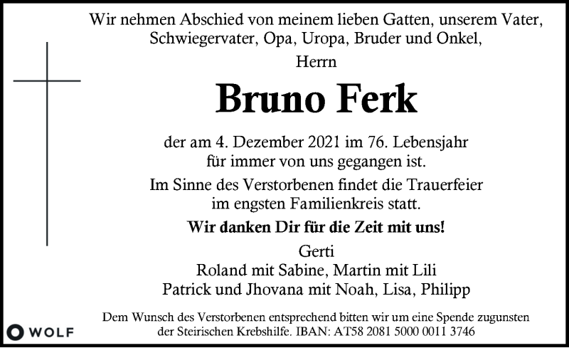  Traueranzeige für Bruno Ferk vom 08.12.2021 aus Kleine Zeitung