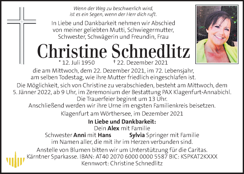  Traueranzeige für Christine Schnedlitz vom 01.01.2022 aus Kleine Zeitung