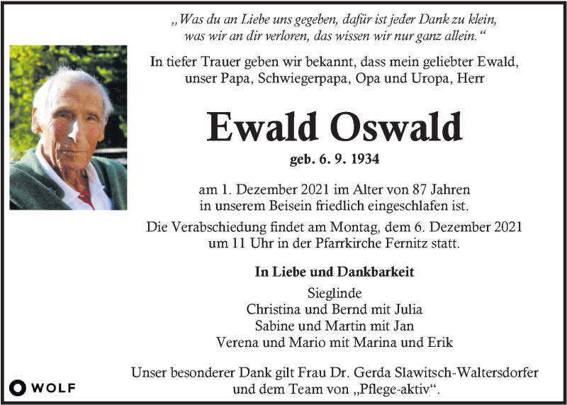  Traueranzeige für Ewald Oswald vom 04.12.2021 aus Kleine Zeitung