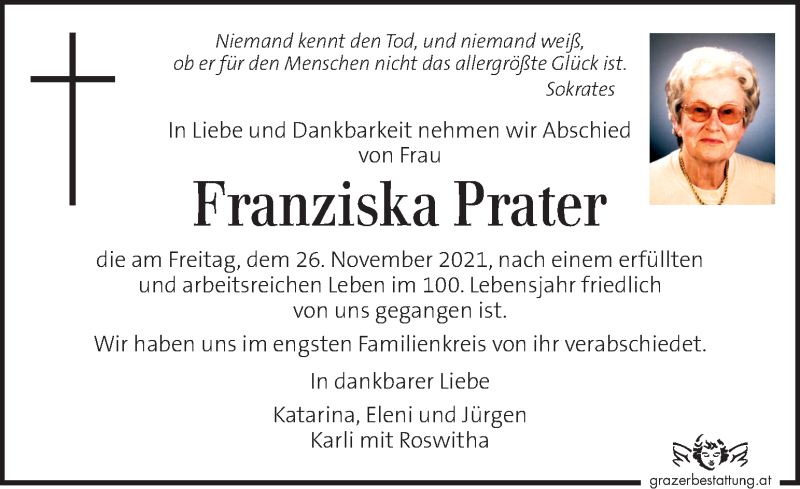  Traueranzeige für Franziska Prater vom 03.12.2021 aus Kleine Zeitung
