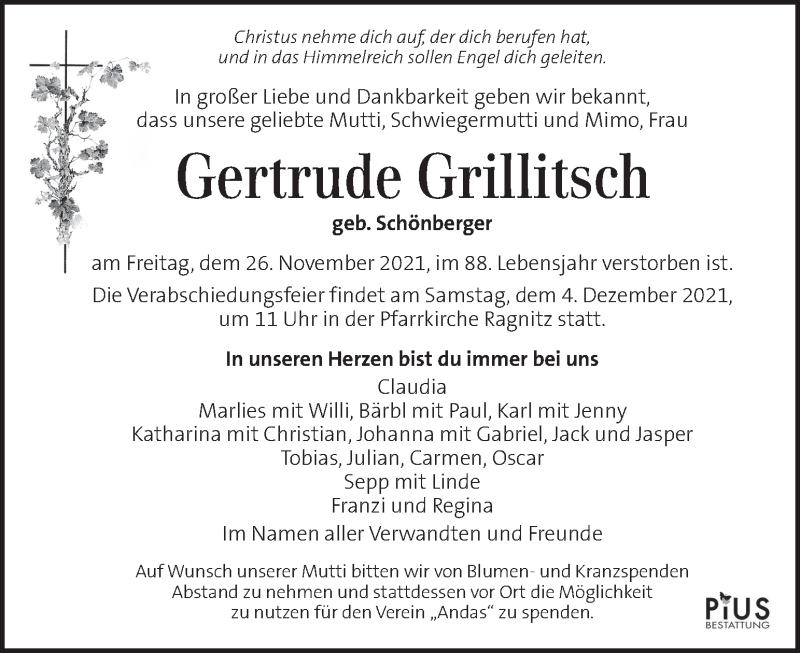  Traueranzeige für Gertrude Grillitsch vom 02.12.2021 aus Kleine Zeitung