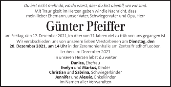 Traueranzeige von Günter Pfeiffer von Kleine Zeitung