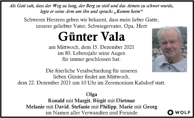  Traueranzeige für Günter Vala vom 19.12.2021 aus Kleine Zeitung