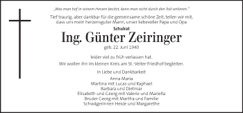 Traueranzeige von Günter Zeiringer von Kleine Zeitung