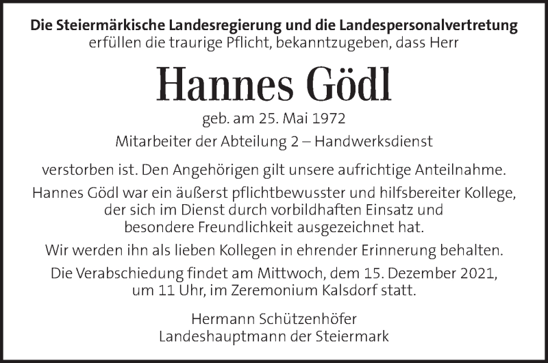  Traueranzeige für Hannes Gödl vom 14.12.2021 aus Kleine Zeitung