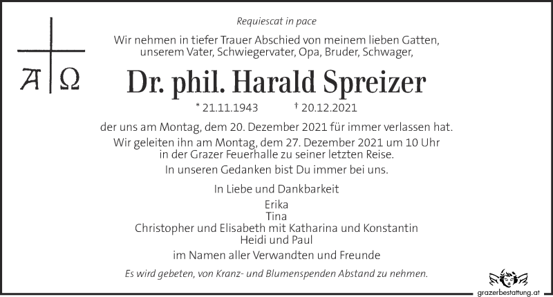  Traueranzeige für Harald Spreizer vom 23.12.2021 aus Kleine Zeitung