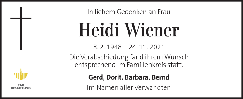  Traueranzeige für Heidi Wiener vom 12.12.2021 aus Kleine Zeitung
