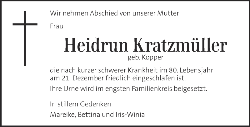  Traueranzeige für Heidrun Kratzmüller vom 29.12.2021 aus Kleine Zeitung