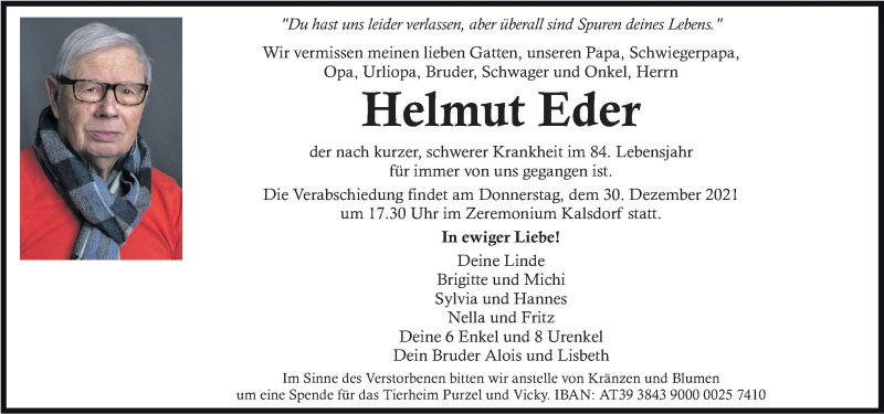  Traueranzeige für Helmut Eder vom 29.12.2021 aus Kleine Zeitung