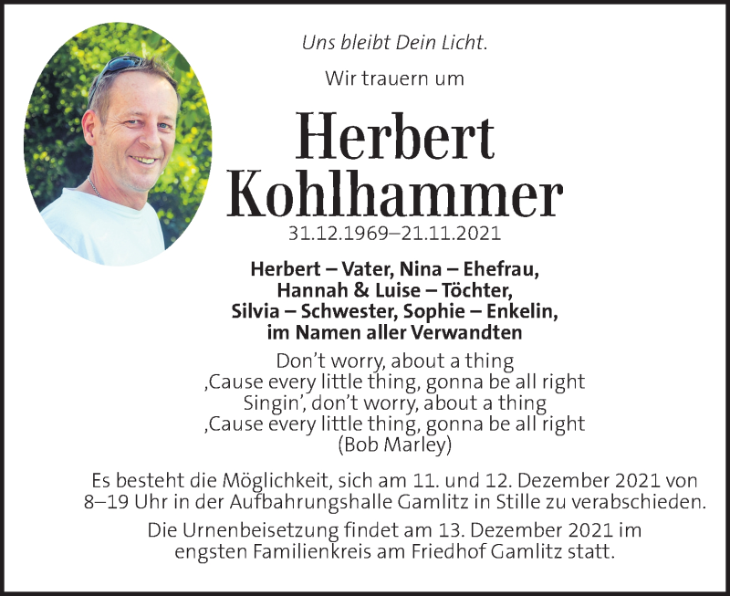  Traueranzeige für Herbert Kohlhammer vom 05.12.2021 aus Kleine Zeitung
