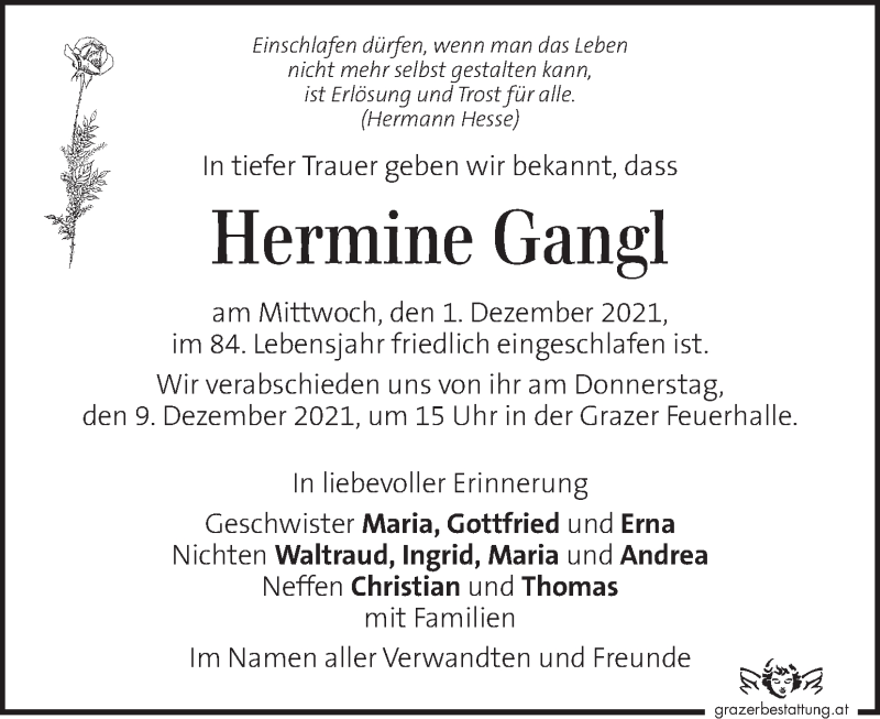  Traueranzeige für Hermine Gangl  vom 04.12.2021 aus Kleine Zeitung