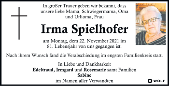 Traueranzeige von Irma Spielhofer von Kleine Zeitung