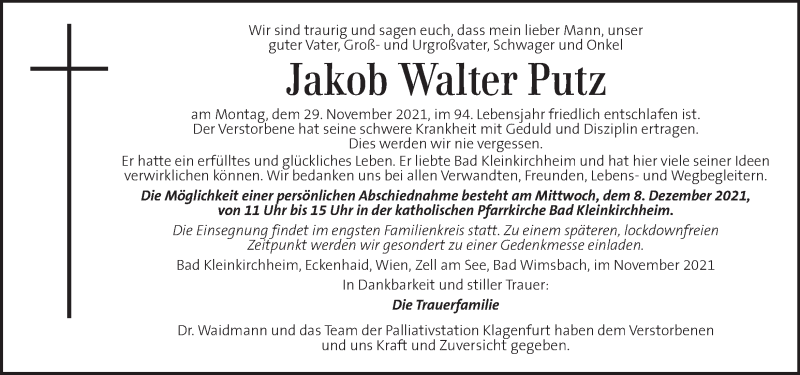  Traueranzeige für Jakob Walter Putz vom 07.12.2021 aus Kleine Zeitung