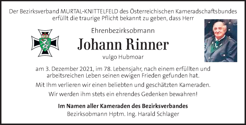  Traueranzeige für Johann Rinner vom 11.12.2021 aus Kleine Zeitung
