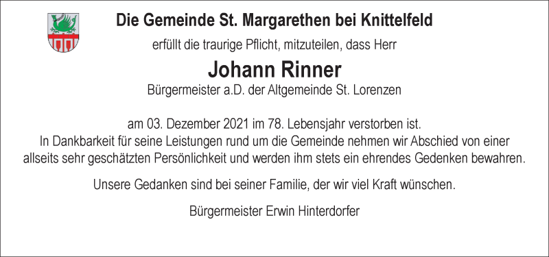  Traueranzeige für Johann Rinner vom 07.12.2021 aus Kleine Zeitung