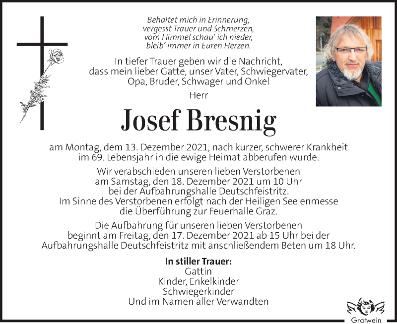  Traueranzeige für Josef Bresnig vom 16.12.2021 aus Kleine Zeitung