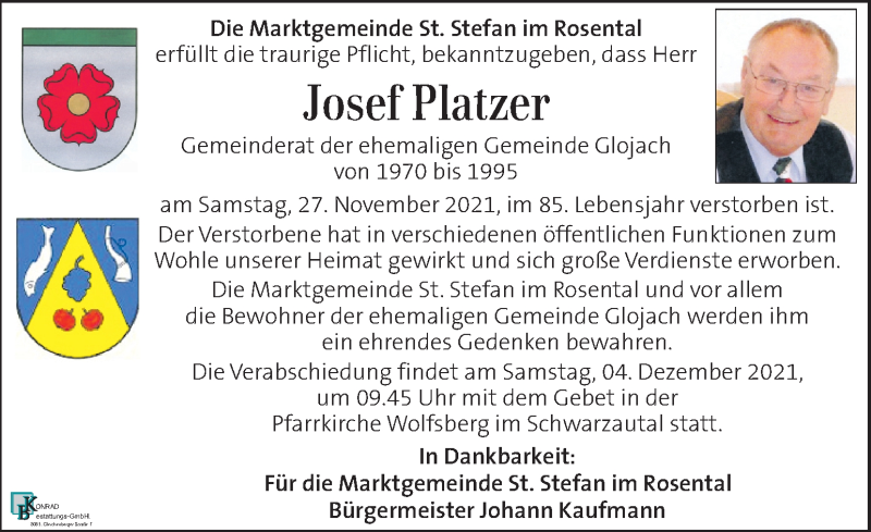  Traueranzeige für Josef Platzer vom 03.12.2021 aus Kleine Zeitung