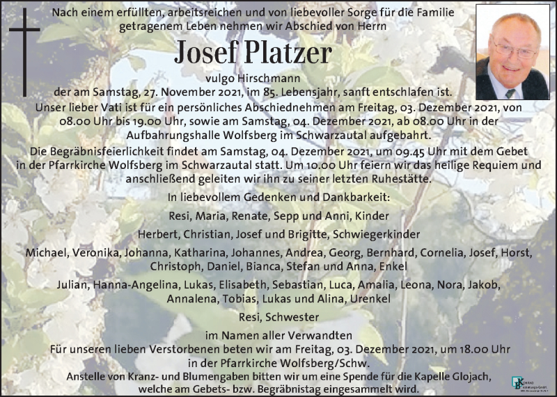  Traueranzeige für Josef Platzer vom 02.12.2021 aus Kleine Zeitung