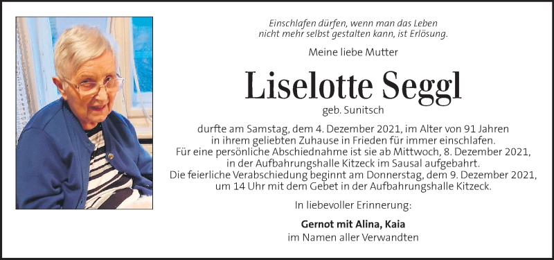  Traueranzeige für Liselotte Seggl vom 07.12.2021 aus Kleine Zeitung
