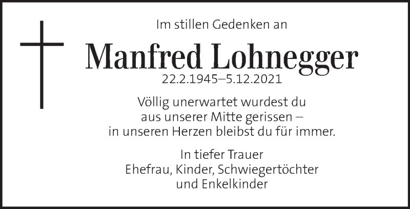  Traueranzeige für Manfred Lohnegger vom 08.12.2021 aus Kleine Zeitung
