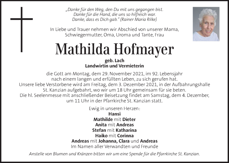  Traueranzeige für Mathilda Hofmayer vom 02.12.2021 aus Kleine Zeitung