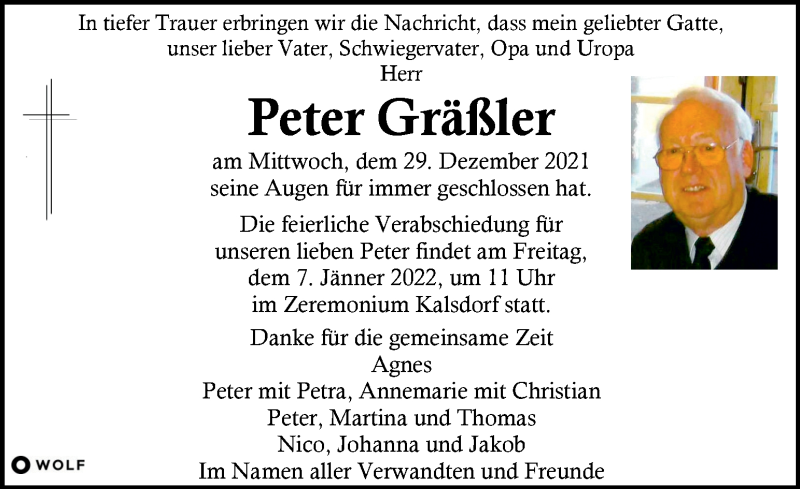  Traueranzeige für Peter Gräßler vom 01.01.2022 aus Kleine Zeitung