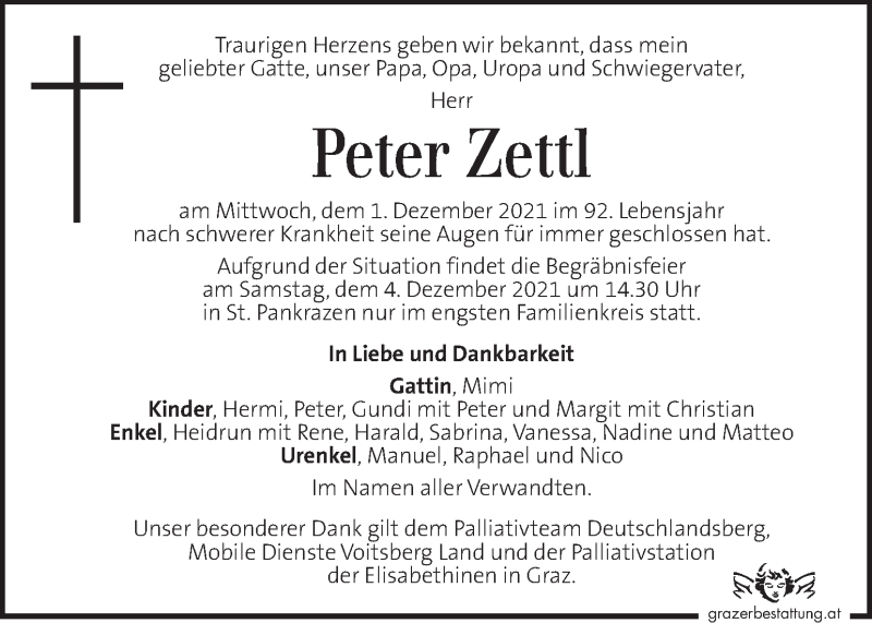  Traueranzeige für Peter Zettl vom 04.12.2021 aus Kleine Zeitung