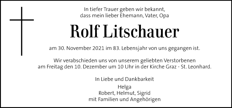  Traueranzeige für Rolf Litschauer vom 07.12.2021 aus Kleine Zeitung