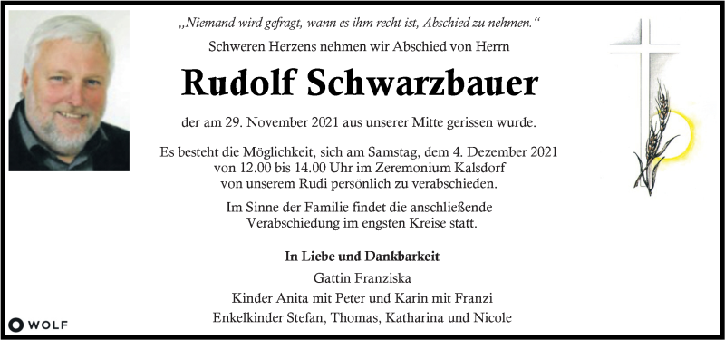  Traueranzeige für Rudolf Schwarzbauer vom 02.12.2021 aus Kleine Zeitung
