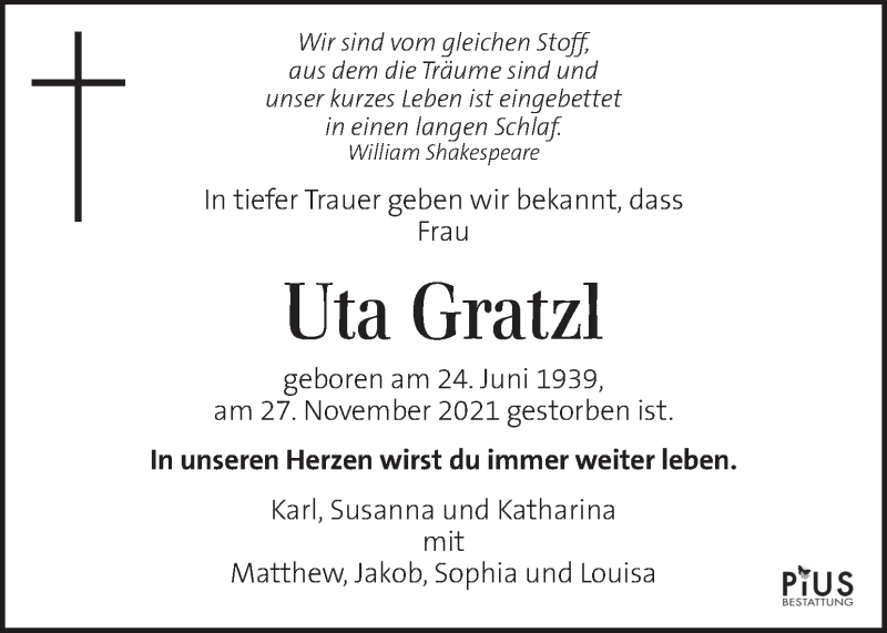 Traueranzeige für Uta Gratzl vom 05.12.2021 aus Kleine Zeitung