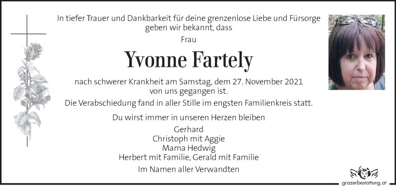  Traueranzeige für Yvonne Fartely  vom 07.12.2021 aus Kleine Zeitung