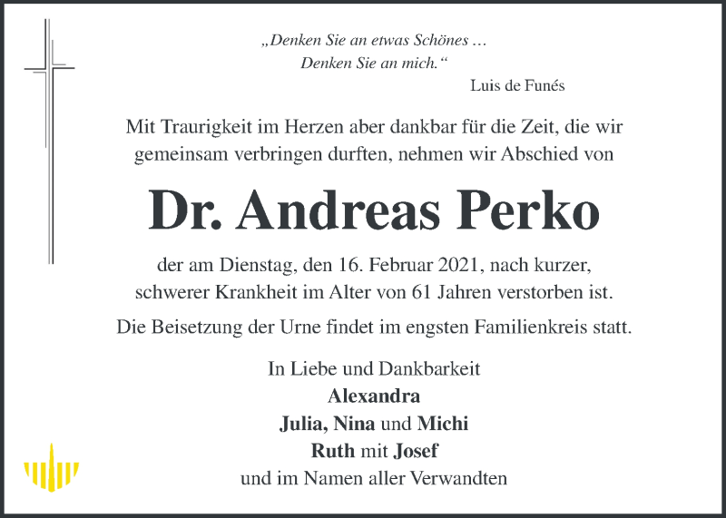  Traueranzeige für Andreas Perko vom 27.02.2021 aus Kleine Zeitung
