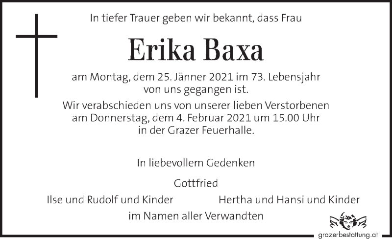  Traueranzeige für Erika Baxa vom 02.02.2021 aus Kleine Zeitung