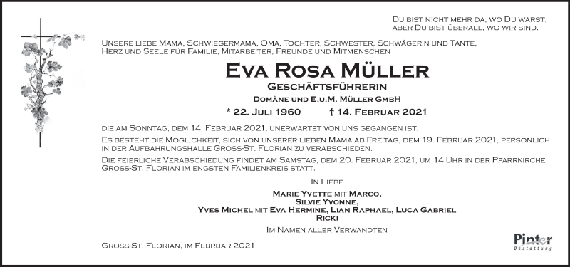  Traueranzeige für Eva Müller vom 18.02.2021 aus Kleine Zeitung